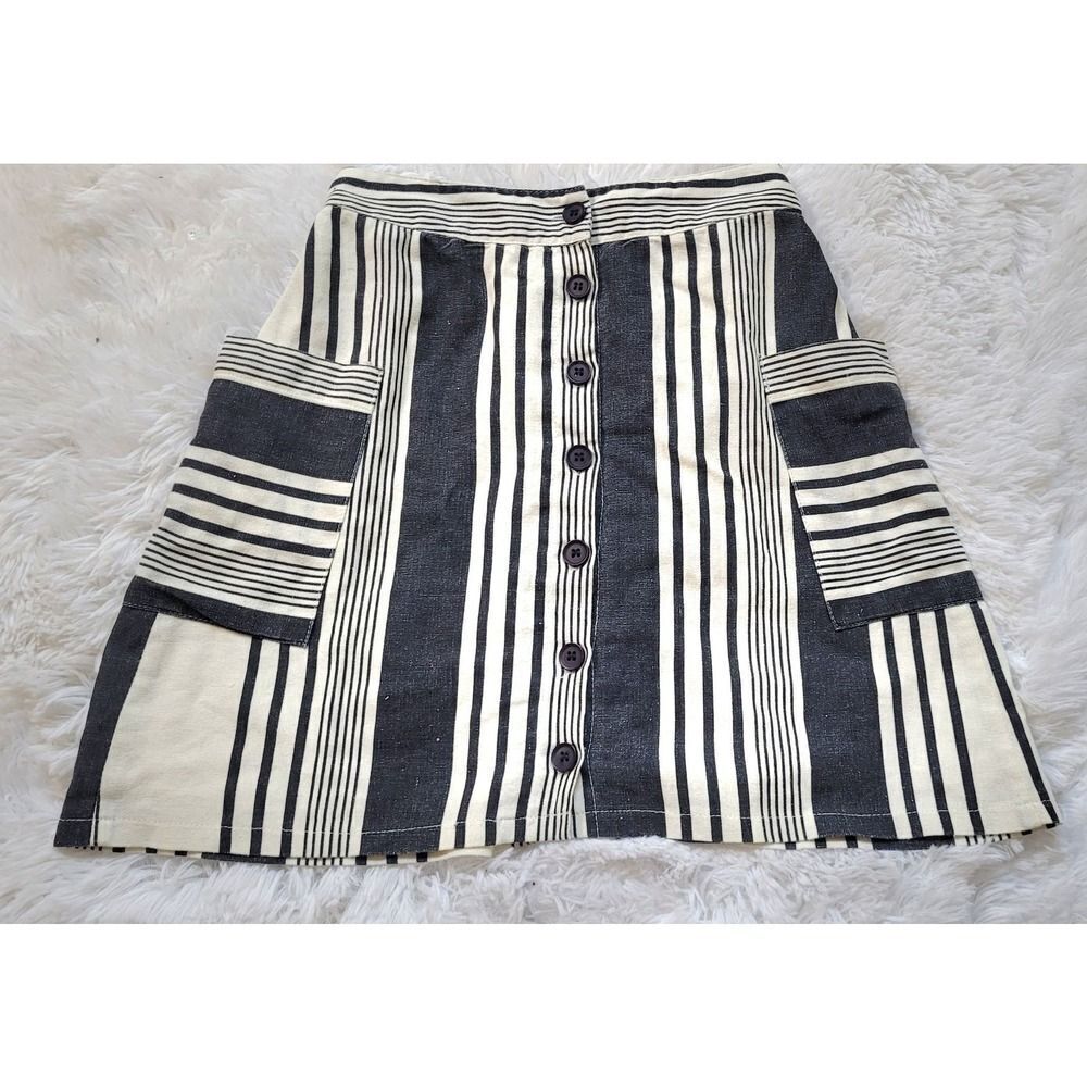mo:vint Athropologie Linen Blend Blue Striped Skirt Women's Size XS